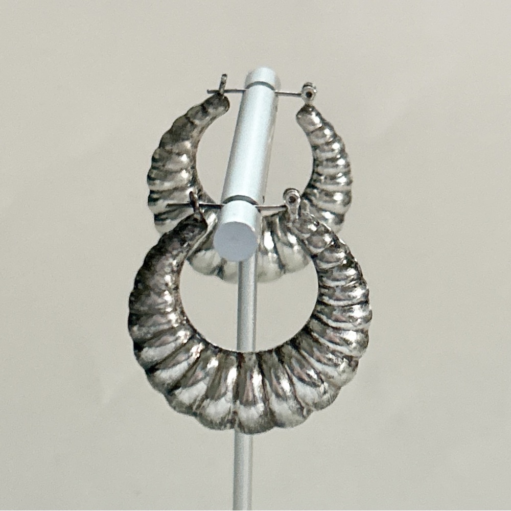 Vintage 80s Round Puffy Bamboo Sterling Silver Earrings